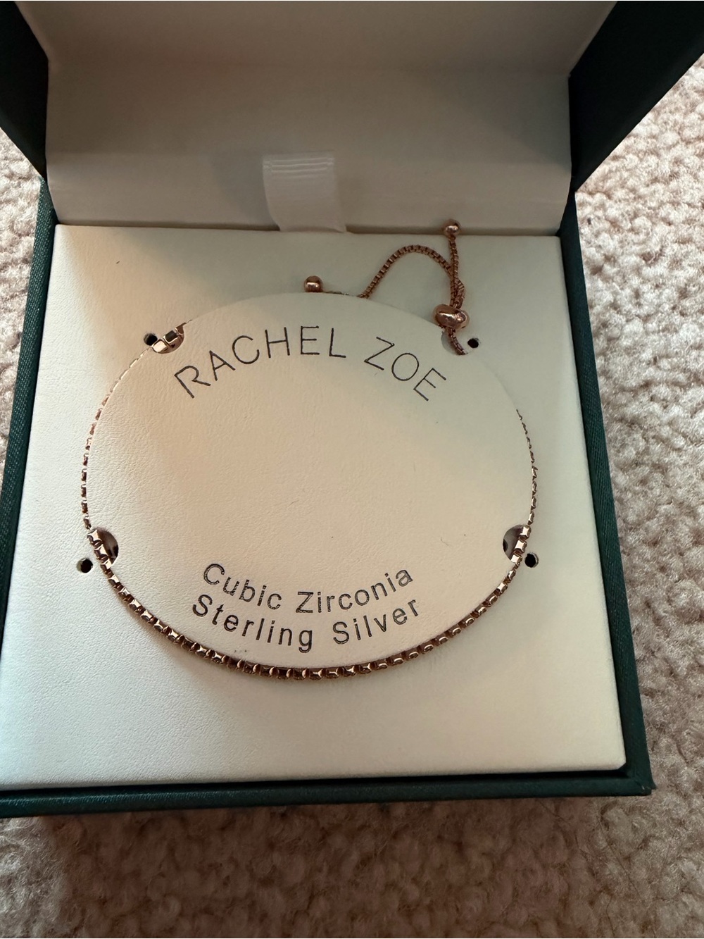 Rachel Zoe Sterling Silver CZ Rose Gold Adjustable Tennis Bracelet Box